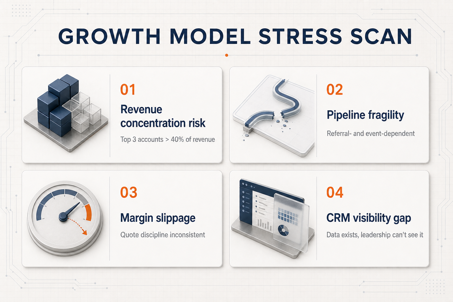 A growth model stress scan chart mapping where pipeline leaks across the visibility, presence, and trust layers.